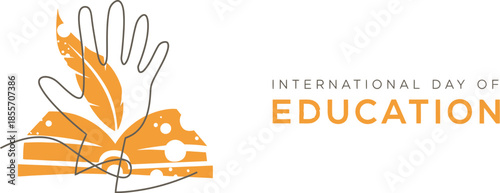 Artistic Line Drawing for International Day of Education with Hand Quill and Open Book