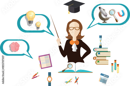 Creative illustration of a female teacher holding a pointer surrounded by thought bubbles and icons of science, math, and psychology representing diverse learning.