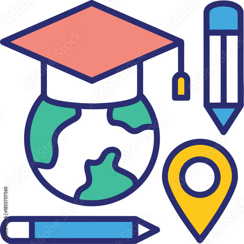 Colorful flat vector icon set featuring a globe with a graduation cap, pencils, and a location pin, representing educational institutions and global study destinations.