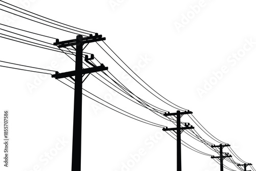 Electric power transmission lines and utility poles silhouette against white sky, minimal industrial infrastructure background, energy distribution concept, electricity grid perspective view