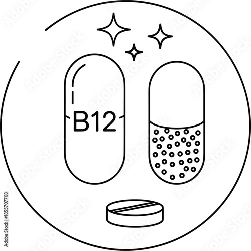 Vitamin B12 supplement capsule icon illustration showing healthcare, nutrition, medical dosage, and wellness concept in clean outline line art style