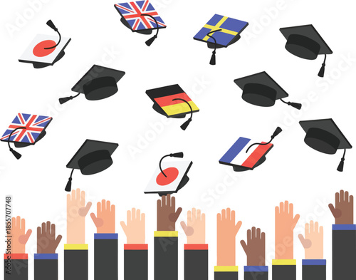 International Students Celebrating Graduation by Throwing Mortarboards with Different Country Flags