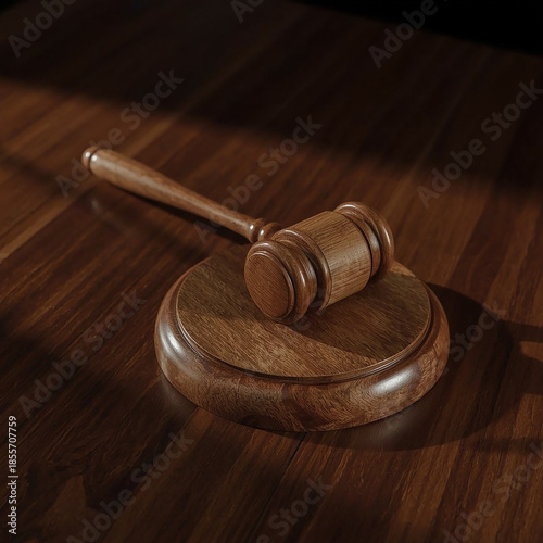 Justice's Instrument: A close-up shot of a wooden gavel resting upon its sounding block, bathed in the soft glow of a courtroom's ambiance, symbolizing authority and legal judgment.