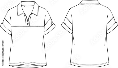 Short Sleeve Polo Shirt CAD Drawing Flat Vector Illustration Front and Back View for Fashion Technical Specification and Apparel Template