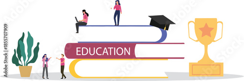 Concept of successful education with flat characters around giant books, a graduation cap, and a gold trophy cup