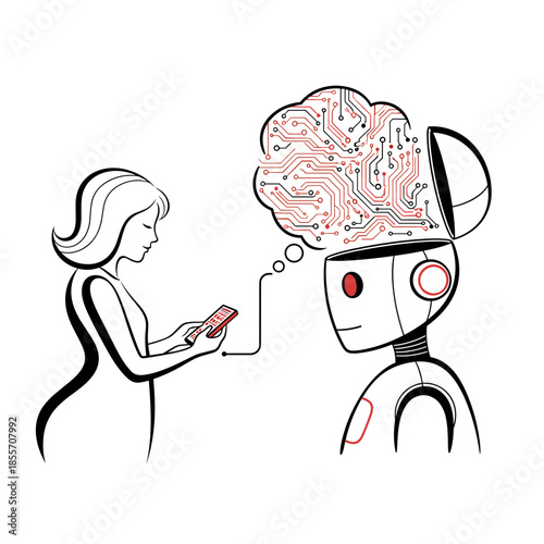 Woman using smartphone while interacting with robot character  