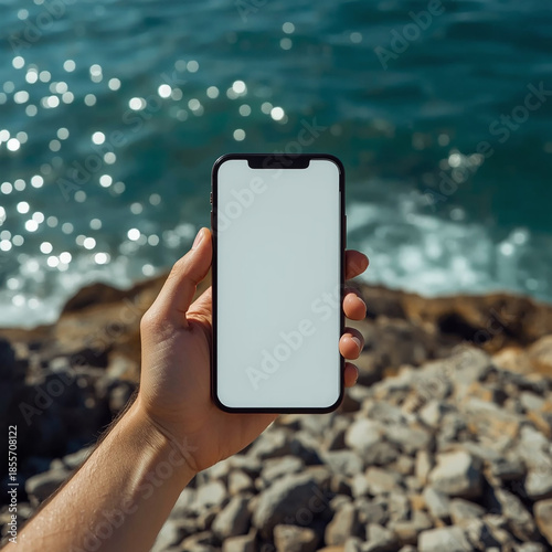 Smartphone by the Sea: A hand gracefully holds a sleek smartphone with a blank screen against the backdrop of a shimmering sea.