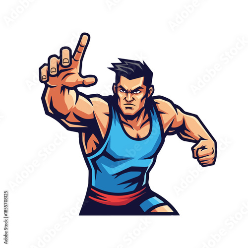 Comic book-style illustration of a muscular man in a blue tank top, throwing a punch with a serious expression on a white background. Perfect for comics, editorial illustrations, and