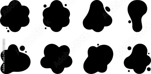 Set of black abstract liquid blob silhouettes and organic fluid shapes with droplets isolated on white background for minimal logo design and vector branding elements.