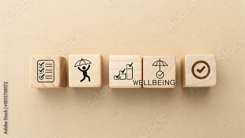 Wooden Blocks With Icons Representing Success, Well-being, Protection, Goals, And Checklist.