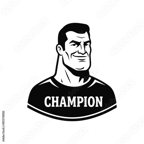 A black and white digital illustration of a determined male champion wearing a shirt with the word Champion on it, presented on a plain white background. Perfect for sports, motivational