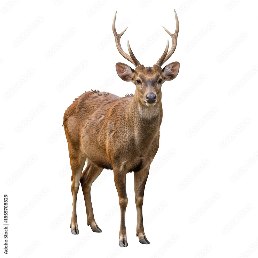Obraz premium A brown deer with large antlers stands facing forward against a solid black background stag male deer