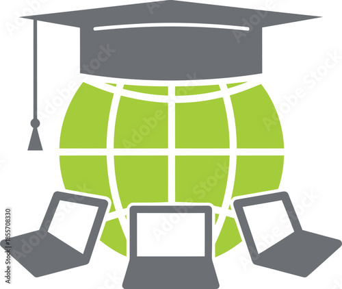 Global E-learning Concept Illustration with Graduation Cap on World Globe surrounded by Laptops