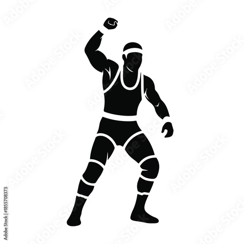 A black silhouette of a male boxer wearing a headband and boxing gloves, posing with a raised fist on a white background. Perfect for sports, fitness, and boxing illustrations.