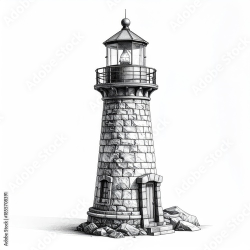 Stone lighthouse with intricate stonework, lit beacon at top