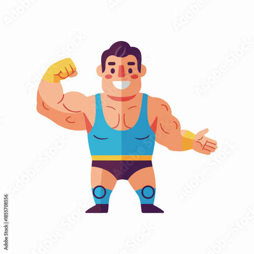 A muscular cartoon man in a blue wrestling singlet flexing his arm and giving a thumbs up on a white background. Perfect for sports, wrestling, and fitness illustrations.