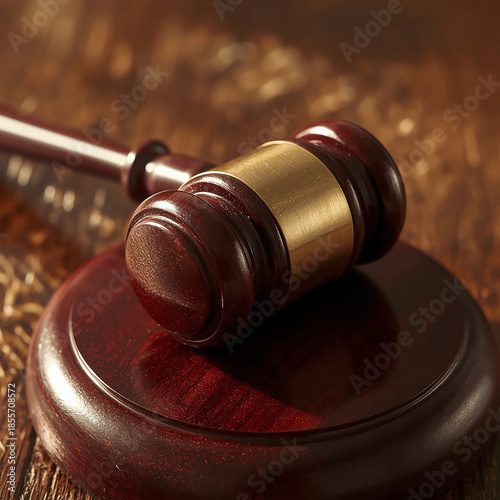 Justice on the Gavel: A close-up shot of a wooden gavel and sound block, representing authority, judgment, and the pursuit of justice, set against a background of aged wood. 