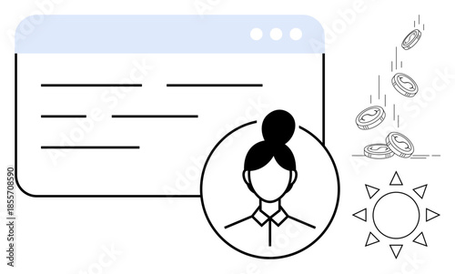 Personal identity, online platforms, finance, career development, money management, web economy. Circular avatar, falling coins website interface sun icon. Personal identity and online platforms