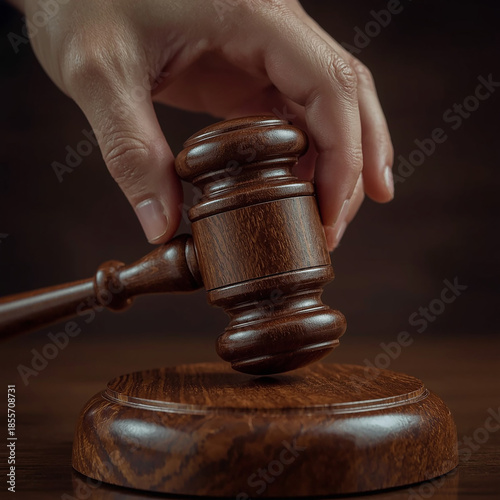 Justice's Hammer: A hand firmly grips a wooden gavel, poised on a wooden block, symbolizing authority, justice, and the decisions that shape society.