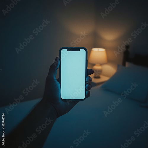 Phone in Dark Room: A solitary hand holds a smartphone with a bright screen, emitting a soft glow in the dim interior, hinting at communication or information in a private moment.