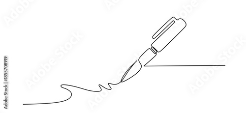 Simple continuous line art drawing of a ballpoint pen on a clean white background