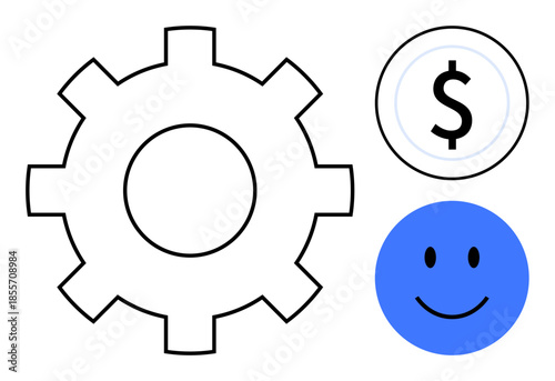 Productivity concept. Gear icon with a dollar sign and happy face productivity driving financial success and positive outcomes. For business, finance, technology, and workflow