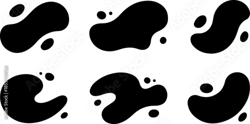 Set of abstract black organic liquid blob shapes and flat amoeba silhouettes isolated on white background for modern graphic design, branding, and web decoration.