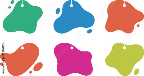 Set of colorful organic liquid blob price tags and abstract fluid sale labels with hanging holes isolated on white background for creative retail promotion.