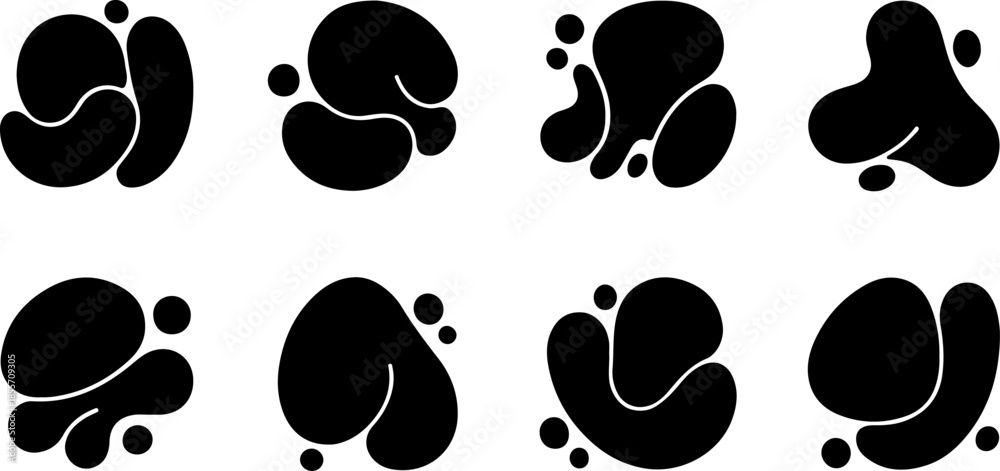 Fototapeta premium Collection of abstract black organic liquid blobs and fluid splash shapes with rounded contours and floating droplets isolated on white background for modern design projects.