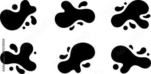 Set of abstract organic black liquid blobs and fluid splash shapes with rounded edges and floating droplets isolated on white background for modern graphic design.