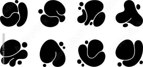 Collection of abstract black organic liquid blobs and fluid splash shapes with rounded contours and floating droplets isolated on white background for modern design projects.