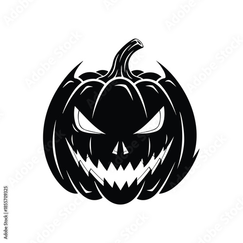 A black and white digital illustration of a carved pumpkin with a spooky face on a white background. Perfect for Halloween decorations, party invitations, and holiday graphics.