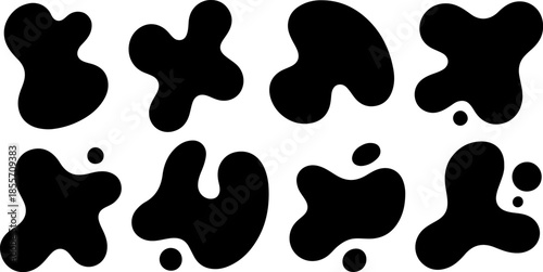 Set of abstract organic black liquid blobs and fluid splash shapes with rounded edges and floating droplets isolated on white background for modern graphic design.