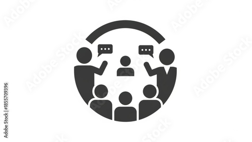Group of people communicating in a circular formation with speech bubbles