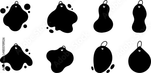 Set of black organic liquid blob price tags and abstract fluid sale labels with hanging loops isolated on white background for creative retail branding.