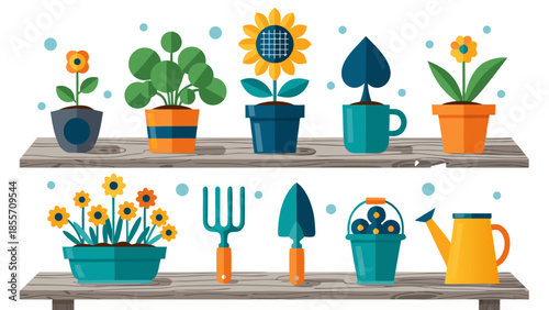 Gardening tools and potted plants on wooden shelves, a vector illustration of a serene gardening scene