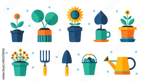 Gardening Tools and Plants Vector Illustration Set