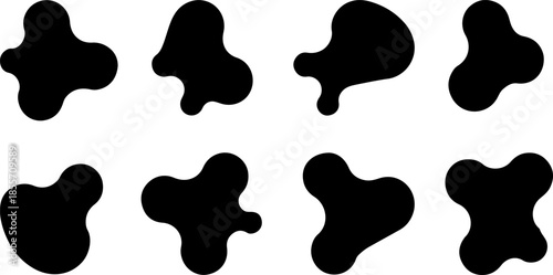 Collection of black organic liquid blobs and abstract fluid shapes with rounded edges isolated on white background for modern graphic design and minimalist branding projects.