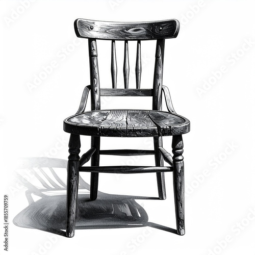 Black & white illustration of an old wooden chair with detailed shading