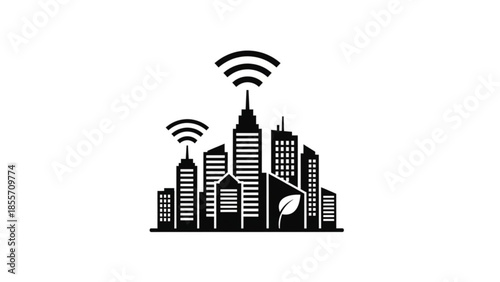 Cityscape illustration with modern skyscrapers and wireless connectivity signals