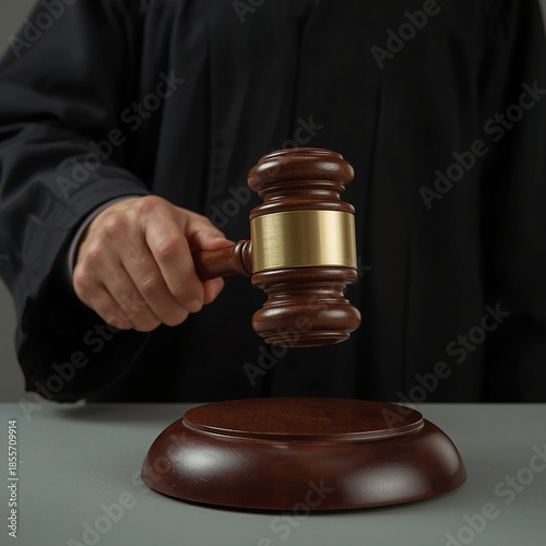 Justice in Session: A person wearing a judicial robe holds a gavel. Capturing the essence of order, legal decisions, and the pursuit of truth within the courtroom.