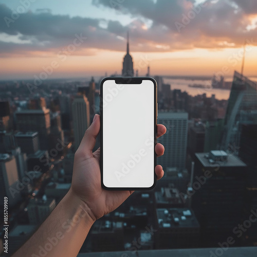 Cityscape in Hand: A solitary hand grasps a sleek smartphone, its blank screen a window onto the majestic urban sprawl and the radiant sky at dawn or dusk. 