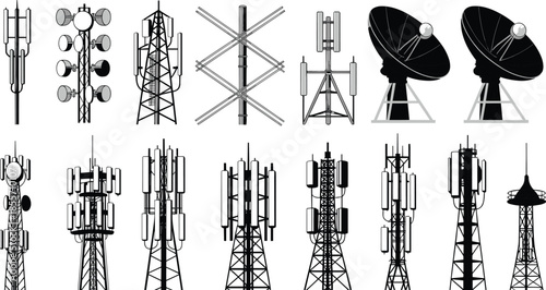 Cell phone tower silhouettes and satellite dish icons set for wireless communication technology and global network connection isolated on white background