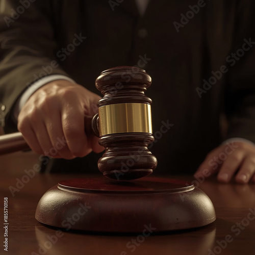 Judgment Gavel: The gavel, symbol of law and justice, rests in the firm hand of authority, ready to declare the verdict in a solemn courtroom.