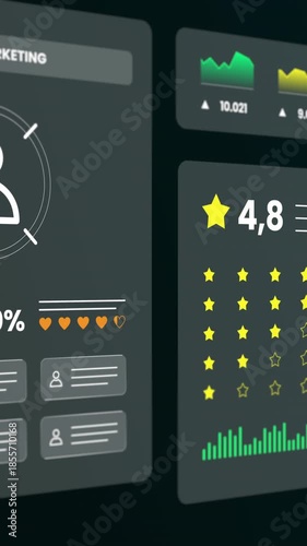 Vertical UI displaying digital marketing engagement metrics, heart icons, and user satisfaction percentages for mobile.