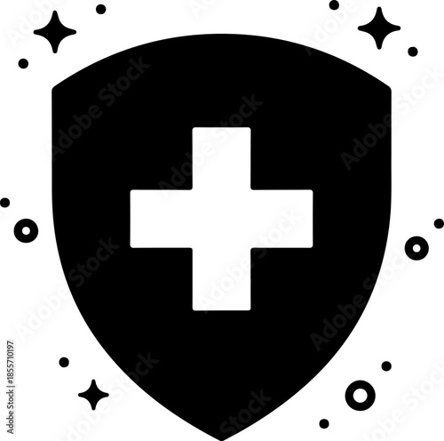 Medical protection shield icon with a white cross and decorative sparkles, representing health insurance, immune system defense, safety, and hospital care services in minimalist style.