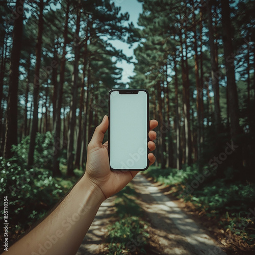 Digital Connection in Nature: A hand extends, holding a modern smart phone with a blank screen, against the backdrop of a serene forest, capturing the intersection of technology and the natural world.