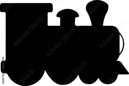 Black vintage steam train locomotive silhouette isolated on white background, classic railway engine icon for transportation history, travel graphics, and retro toy design.