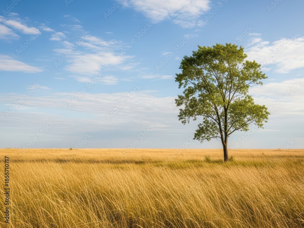 Fototapeta premium A lone tree standing in a vast field of golden wheat under a blue sky with white clouds on a sunny day outdoors