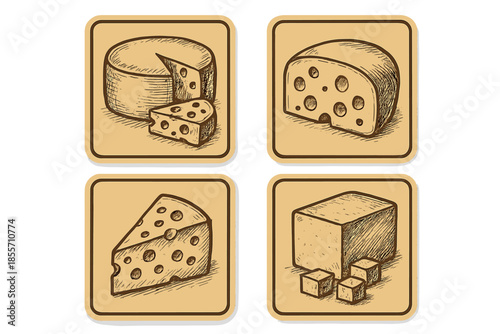 Four square cheese icons with hand-drawn sketch style